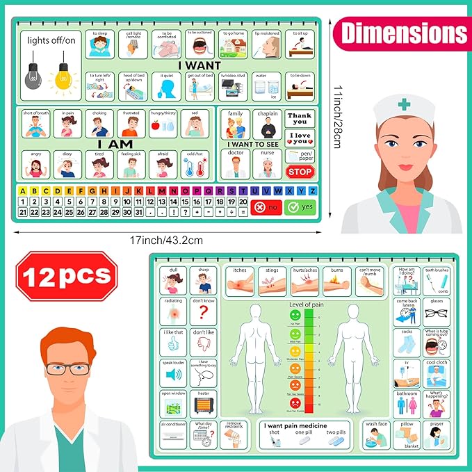 Geyoga 12 Pcs Nonverbal Communication Board, 16.73 x 11.22'' Patient Picture Symbol Communication Cards for Adults