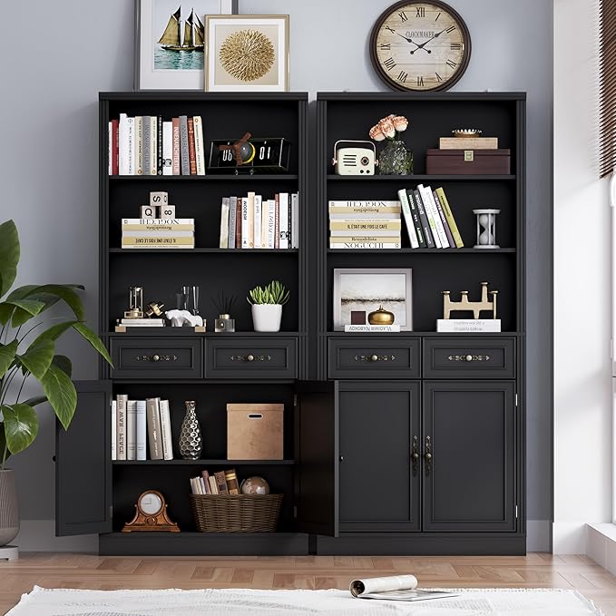 BORNOON 71.4" Tall Bookshelf with Drawers & Cabinet, 5-Tier Floor Standing Bookcase with Storage Doors, Adjustable Shelves & Metal Handles, 31.5" Wide Organizer for Home Office, Living Room