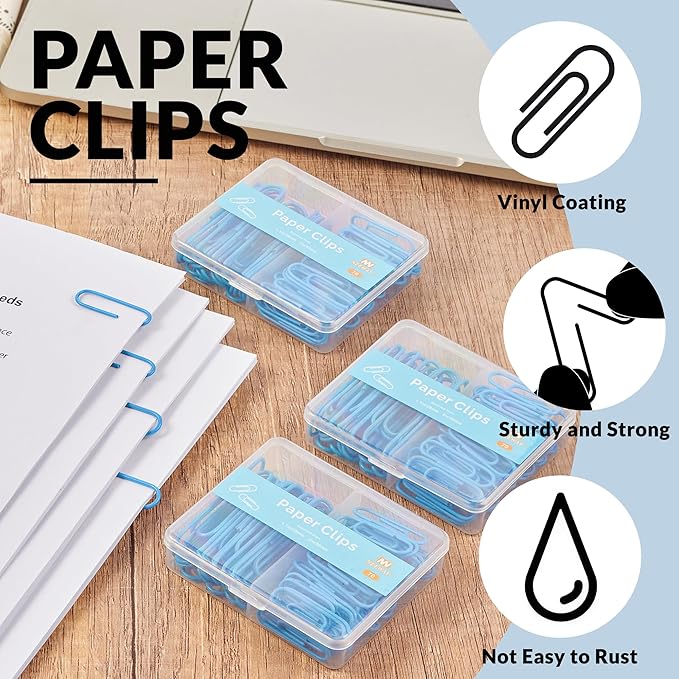 NEEWAY Colorful Paper Clips Assorted Sizes, Small and Large Paperclips, 210 Count, 3 Pack of 70 (Blue)