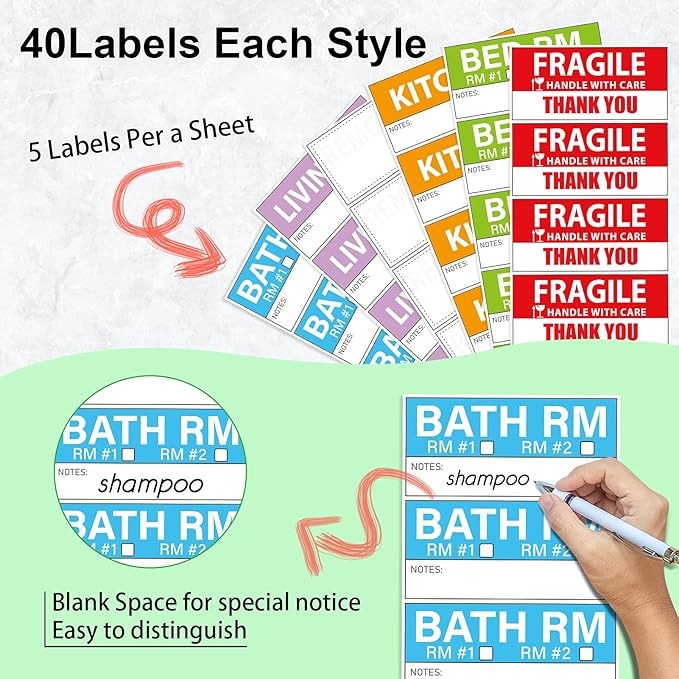 Yoget 42x90mm Large Home Moving Labels for Apartment Moving, 4 Different Color Coded Packing Stickers + 40Pcs Fragile Stickers + 40 Pcs Removable Blank Furniture Labels (240 Labels)