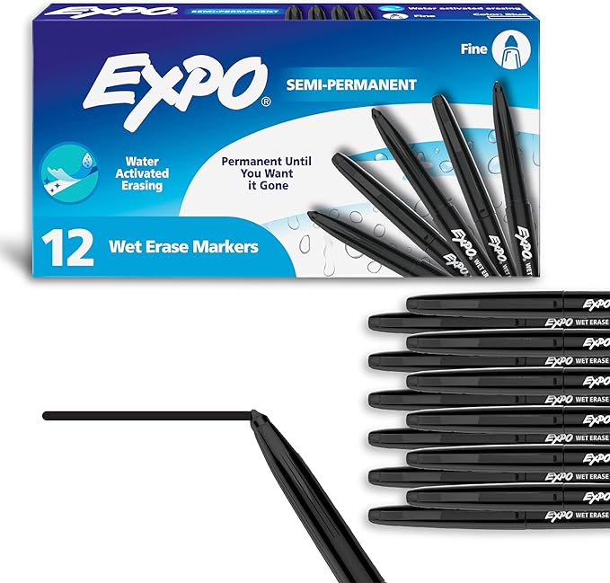 EXPO Wet Erase Markers, Semi-Permanent, Black, Fine Tip, 12 Count - For Writing on Glass, Whiteboards, Mirrors, Calendar, Labeling, Organizing