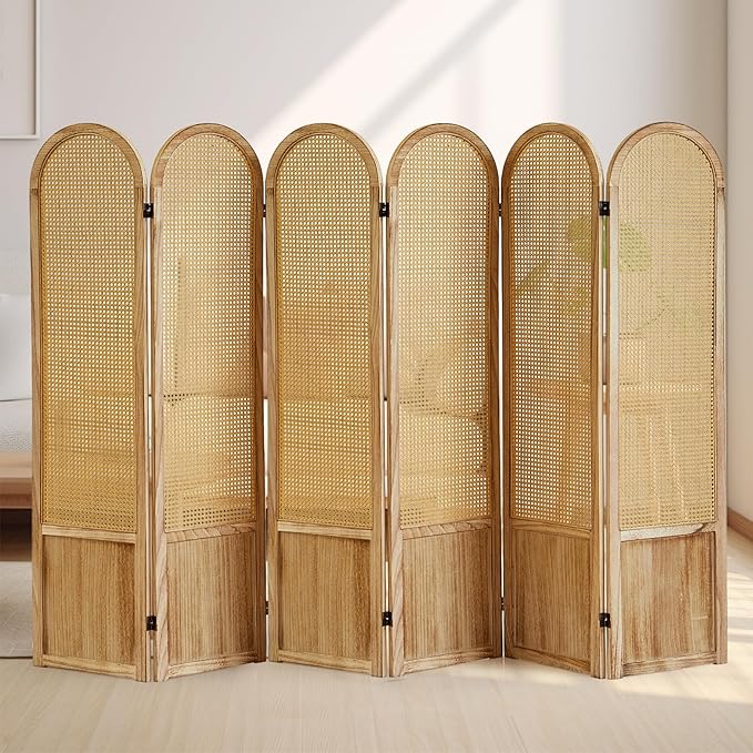 Asnefeli 6 Panels Room Divider, Folding Privacy Screen, Foldable Wood Rattan Room Divider Panel, Portable Partition Screen Wall Divider for Room Separation Bedroom Home Office Garden Terrace (Natural)