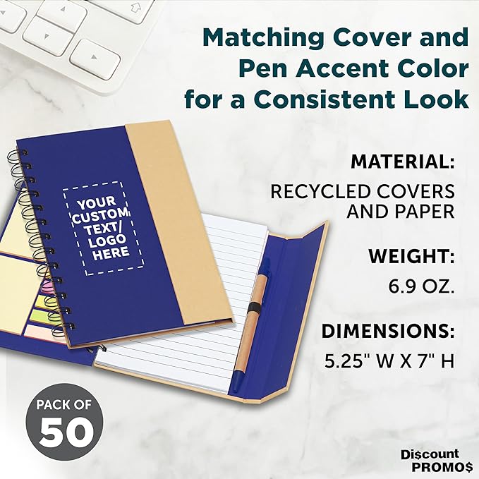 DISCOUNT PROMOS Custom Eco Friendly Spiral Notebooks with Pens Set of 50, Personalized Bulk Pack - Perfect for School, Office, Home - Blue