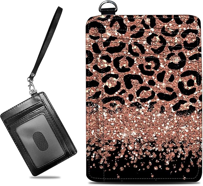 BWEGRHE Small Travel Wallets, Leopard Glitter Slim Minimalist Front Pocket Wallet with Wristlet, RFID Blocking PU Leather Credit Card Holder with ID Window Change Purse for Men Women