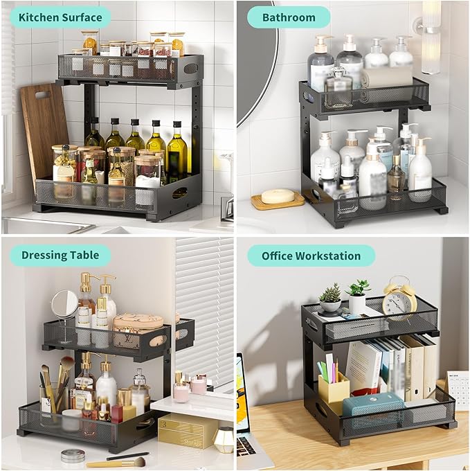 Beleeb Under Sink Organizer, Extra-Wide Upgrade, 1-Pack of 2-Tier Metal Slide Out Cabinet Organizer, Height Adjustable Organization and Storage Series, Bathroom/Cabinet/Kitchen organization, Black