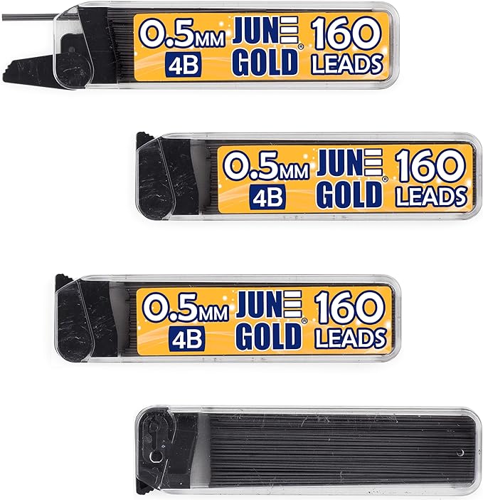 June Gold 640 Pieces, 0.5 mm 4B Lead Refills, 160 Pieces Per Dispenser, Fine Thickness, Break Resistant Lead/Graphite (Pack of 4 Dispensers)