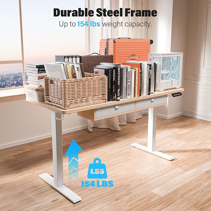 Kingant 40 x 24 Inch Electric Standing Desk with 4 Drawers, Height Adjustable Sit to Stand Computer Desk with Storage Shelf and C-Clamp Mount Compatibility for Home Office, Nature
