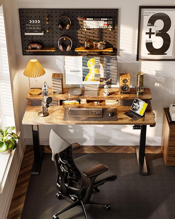 FEZIBO 40 x 24 Inch Height Adjustable Electric Standing Desk with Double Drawer, Stand up Home Office Computer Desk with 4 Height-Adjustable Feets & 2 Hooks, Rustic Brown