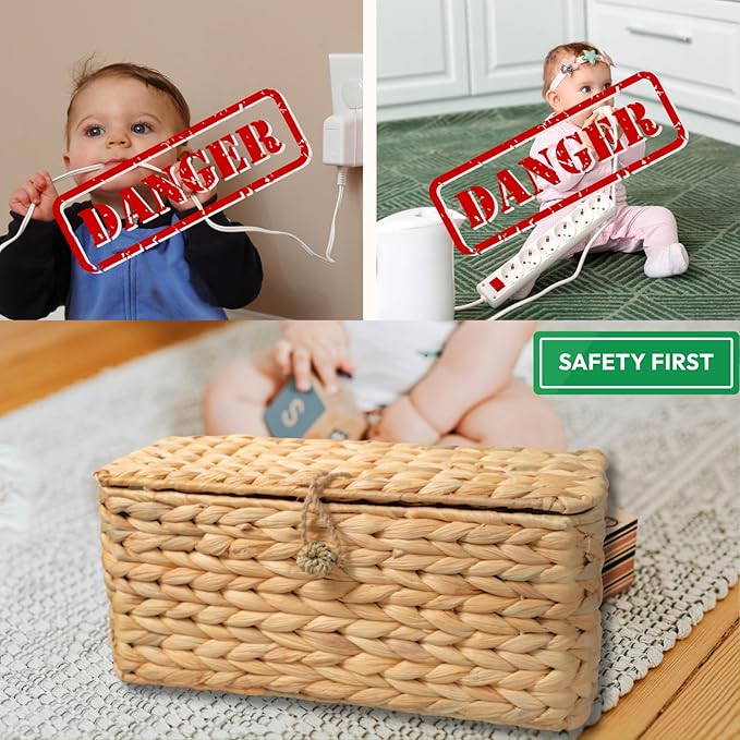 BINH YEN HOME Wicker Cable Management Box with Lid, Set of 2 Handwoven Water Hyacinth Cords Hider Boxes for TV, Computer, Router, USB Hub to Hide Cords & Power Strip for Desk, Floor, Office