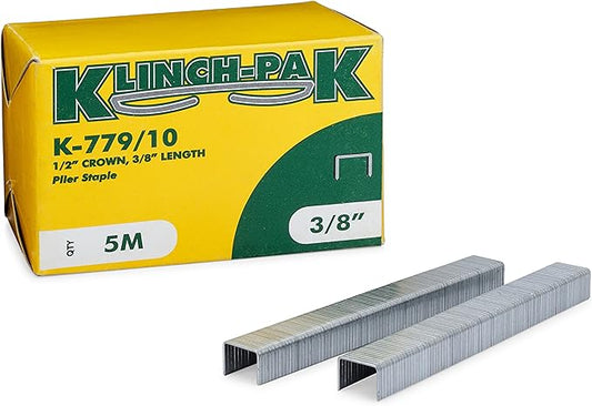 Klinch-Pak K-779/10, 3/8” Leg Length by 1/2" Wide Crown Heavy-Duty Galvanized Plier Staples, 5000 Per Package, for stapling Trays, Lids, Bags, Header Cards, Fastening End Caps and Container Inserts