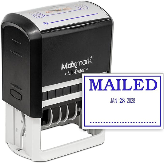 MaxMark Large Self-Inking Rubber Date Office Stamp with Mailed Phrase & Date - Blue Ink, 12-Year Band - Style 3