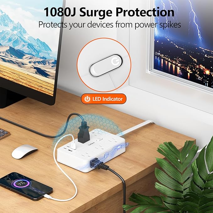Surge Protector Power Strip-TerHavn 15 FT Flat Extension Cord ，10 AC Outlets & 4 USB Ports(3.4A 17W), 1080J ，Wall Mountable Desktop Charging Station with Flat Plug for Office Supplies and Home, White