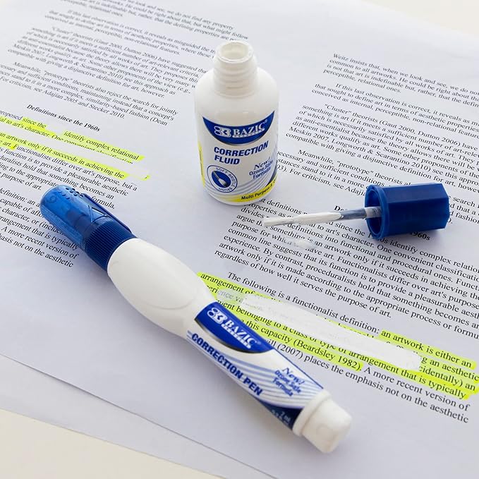 BAZIC Metal Tip Correction Pen & Correction Fluid (2/Pack)