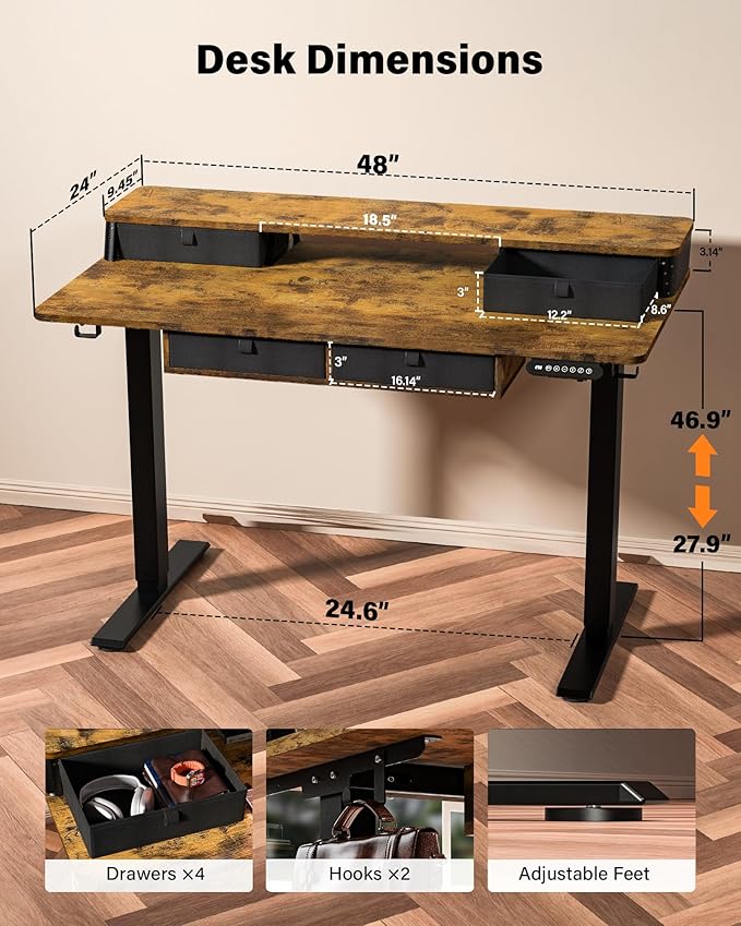 FiCiHi Electric Standing Desk with Four Drawers, Adjustable Height Sit Stand Desk, C-Clamp Compatible Home Office Desk with Storage Shelf & Monitor Stand Riser, 48 x 24 Inch, Rustic Brown