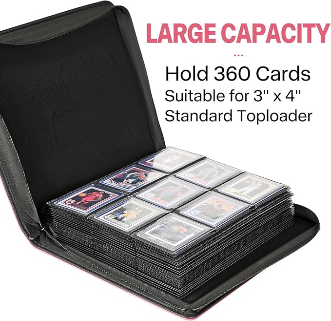 Sibonic 9 Pocket TopLoader Binder, Holds 360 3”x4” Toploader Hard Cases, Sleeves Card Collection Binder, 20 Double Sided Pages, Compatible with Trading & Sports Holder - Pink