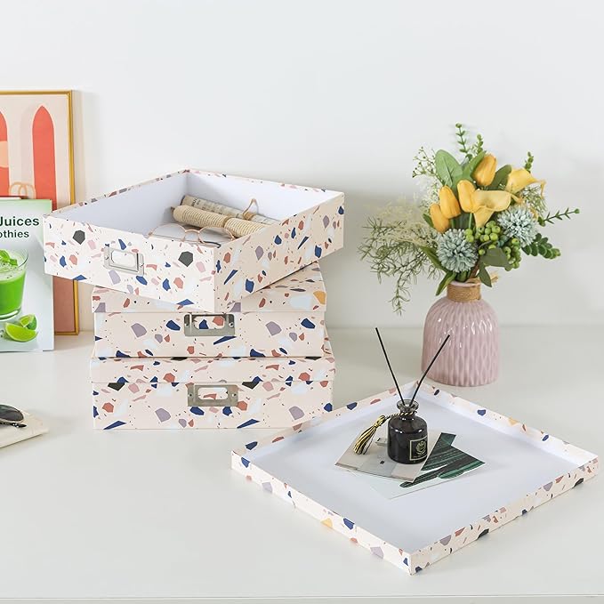 Soul & Lane Decorative Cardboard Storage Boxes With Lids for Home Décor, Set of 3 Nesting Photo Storage Box Set for Organizing, Scrapbooks, Keepsakes, Terrazzo Print Memory Containers
