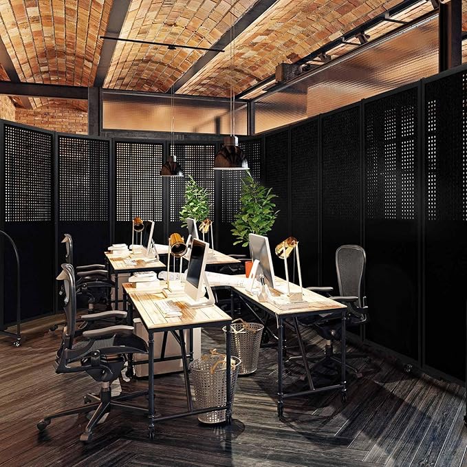 Folding Room Partition,Freestanding Privacy Divider,Portable Office Divider Wall,Commercial Space Partition Screen,Perforated Felt Panel Design,18'5"W x 6'7"H,7 Panel,Black