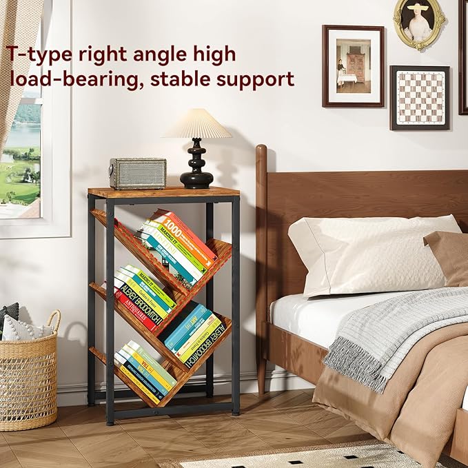 IBUYKE 5 Tier Tree Bookshelf, Small Desktop Bookshelf with Storage Organizer,for Books/CDs/Movies,Desk Display Bookcase for Bedroom Living Room,Rustic Brown,TBC003H