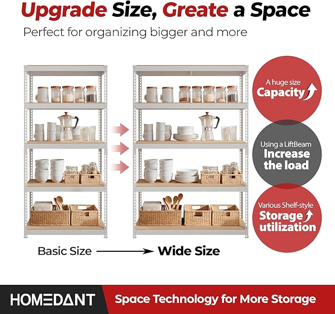 HOMEDANT 5 Tier Storage Shelves Adjustable Laminated Boltless Garage Metal Shelving Unit Heavy Duty Utility Rack Shelf Warehouse Pantry Closet Kitchen (2, (L) 48.1" W, White)