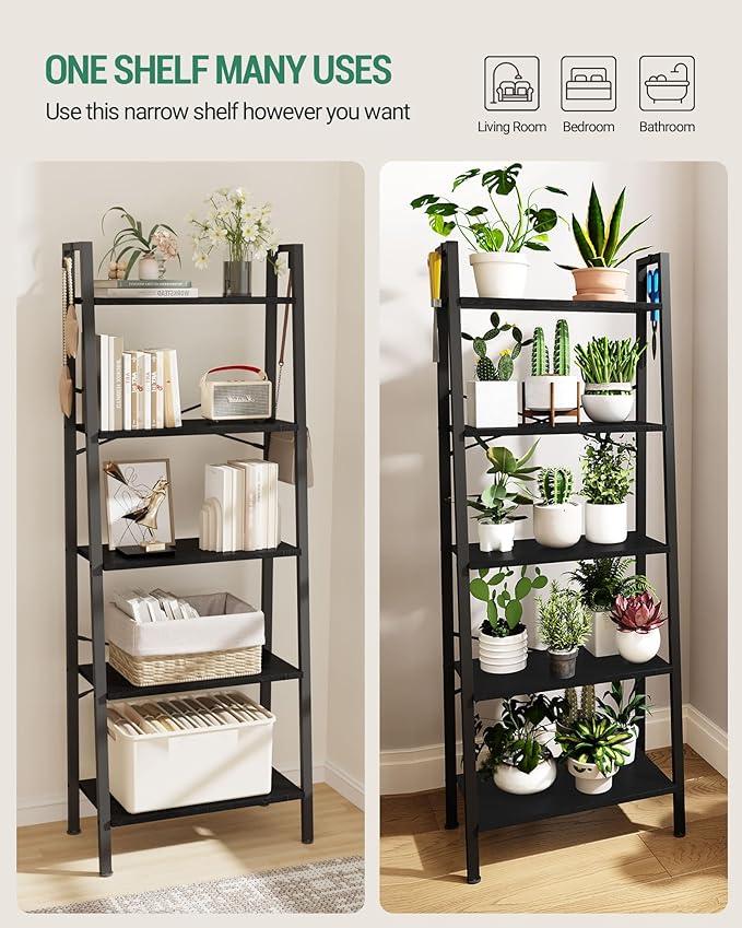 Hzuaneri Ladder Shelf, Bookshelf Bookcase, Freestanding Corner Storage Shelve with 2 Hooks for Home Office, Living Room, Kitchen, Bedroom, Industrial, 11.8" D x 23.6" W x 63" H, Black BC19304B