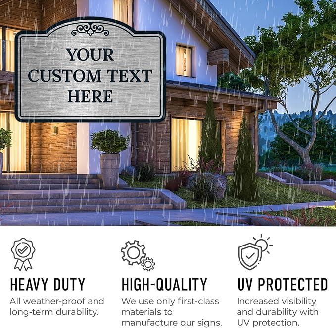 Custom Decorative Sign, Personalized Metal Sign for Business, Driveway, Home, Airbnb, Office Door Plaque, Brushed Nickel Sign, 7x10 Inches, ACM, Fade Resistant, Made in USA by Sigo Signs