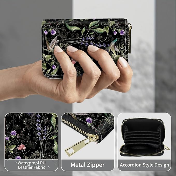 BWEGRHE Cute Credit Card Holder with Zipper, Wild Flower Hummingbird RFID-Blocking Card Case Small Wallet for Women Men, Multi-slot Card Organizer Case Travel Accordion Wallet