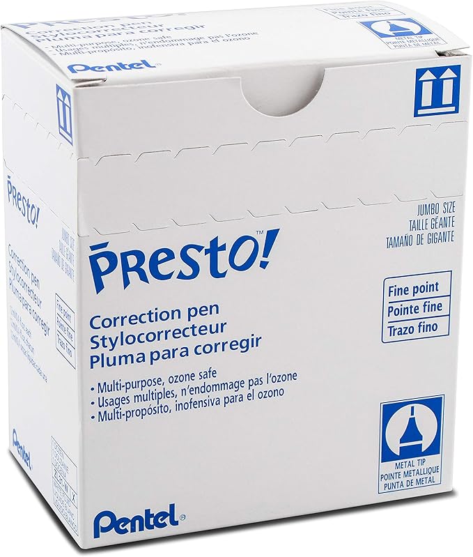 Pentel Presto! Jumbo Correction Pen, Fine Point, Metal Tip, Box of 12 (ZL31-W)