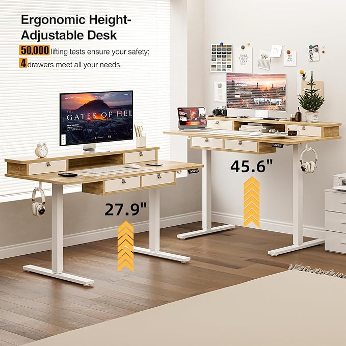 Grandder 55 x 28 inch Electric Standing Desk with 4 Drawers, Sit Stand Up Desk Adjustable Height with Storage Shelf for Home Office Ergonomic Adjustable Desk with Splice Board, Oak