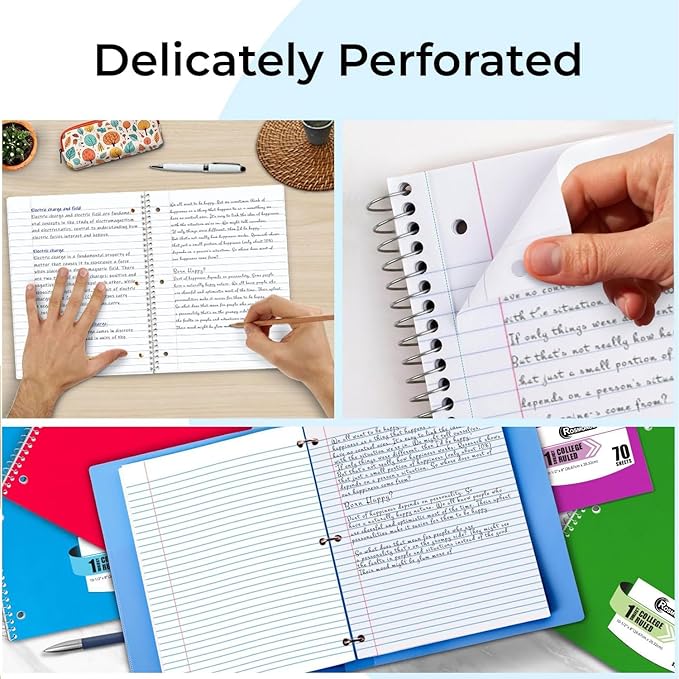 Rosmonde Spiral Notebook, 24 Pack, 1 Subject, College Ruled, 70 Sheets, 8 x 10-1/2",Bulk College Ruled Spiral Notebook for School, 3 Hole Punched, Single Subject Notebook Bulk, Assorted Colors