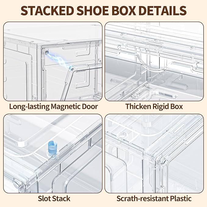 TOFWOF 6 Pack XX Large Shoe Organizer, Heavy-Duty Hard Thicken Plastic Clear Stackable Shoe Storage Box Organizer for Closet, Space-Saving Shoe Rack Display Case Bin Containers for Sneakers, Clear