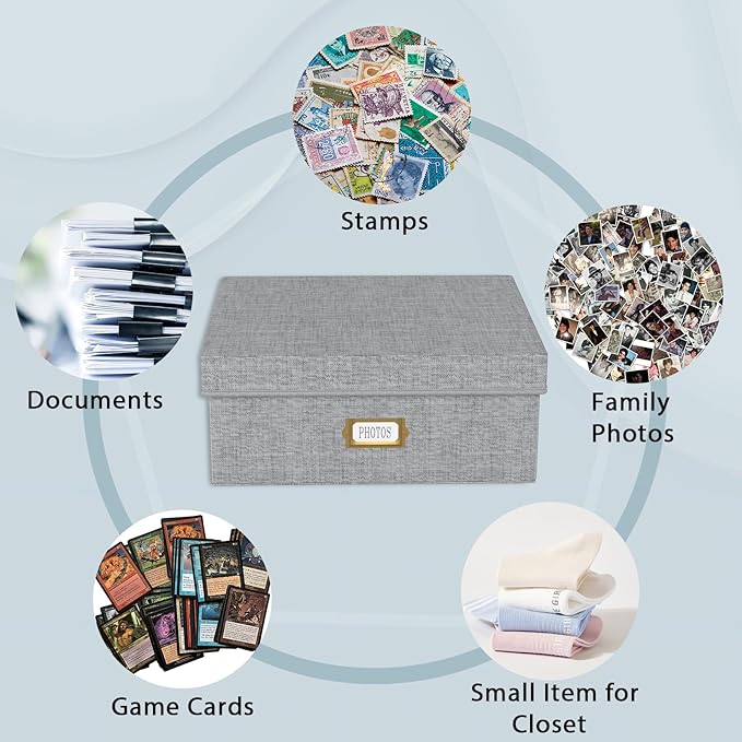 Decorative Photo Storage Box - 2 Pack Linen Photo Box Organizer with Dividers, Fits Holds Up to 1700 Pictures and 4x6 Photos, Memory Keepsake Organizer for Scrapbook Supplies, Cards, Stamps (Grey)