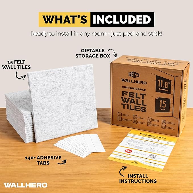 Vision Board, Cork Board for Walls, 59"x36" | 15 Pack | Felt Bulletin Board, Large Cork Board for Office, Wall Protector for Dart Board, Corks Boards, Felt Board Tiles (Gray Marble)