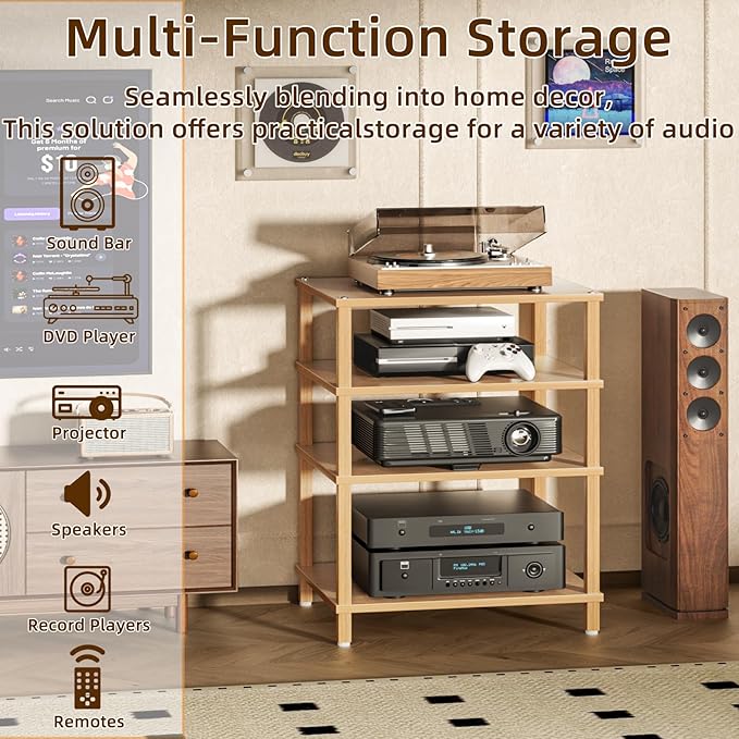 LELELINKY 4-Tier AV Media Player Stand Set of 2, Natural Stereo Cabinet, Wooden TV Stand,Game Console Shelf, Multifunctional Entertainment Center, Suitable for Home, Conference Room, Game Studio