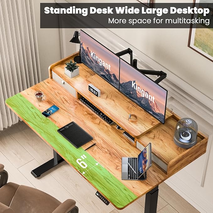 Kingant 48 x 30 Inch Electric Standing Desk with Dual Drawers, Adjustable Height Computer Desk for Home Office, Large Workstation Sit Stand Up Desk with Built-in Storage Shelf, Light Rustic Brown
