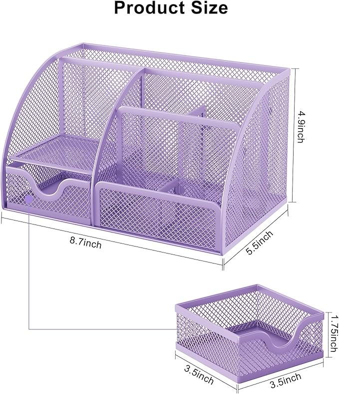 EasyPAG Mesh Desk Organizer with Drawer Multi-functional Pen Holder Stationery Organizer for Office School Supplies 6 Compartments Dorm Organizers and Storage for Desk, Light Purple