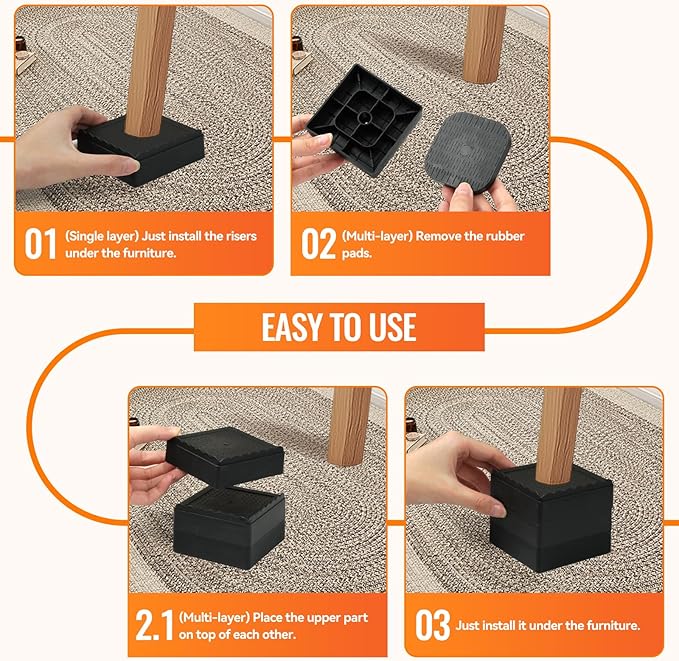 Furniture Risers, 8 Pack Bed Risers with Non-Slip Grip and Heavy Duty Support, 1 Inch 2 Inch 3 Inch 4 Inch Height Lift for Couch, Sofa, Table, Desk, Chair, Refrigerator - Black, 1+1 Inch