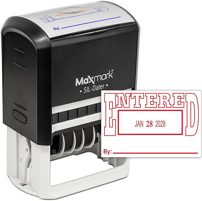 MaxMark Large Self-Inking Rubber Date Office Stamp with Entered Phrase & Date - Red Ink, 12-Year Band - Style 5