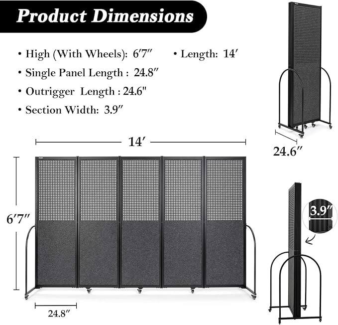 Folding Room Partition,Freestanding Privacy Divider,Portable Office Divider Wall,Commercial Space Partition Screen,Perforated Felt Panel Design,10'6"W x 6'7"H,5 Panel,Dark Grey