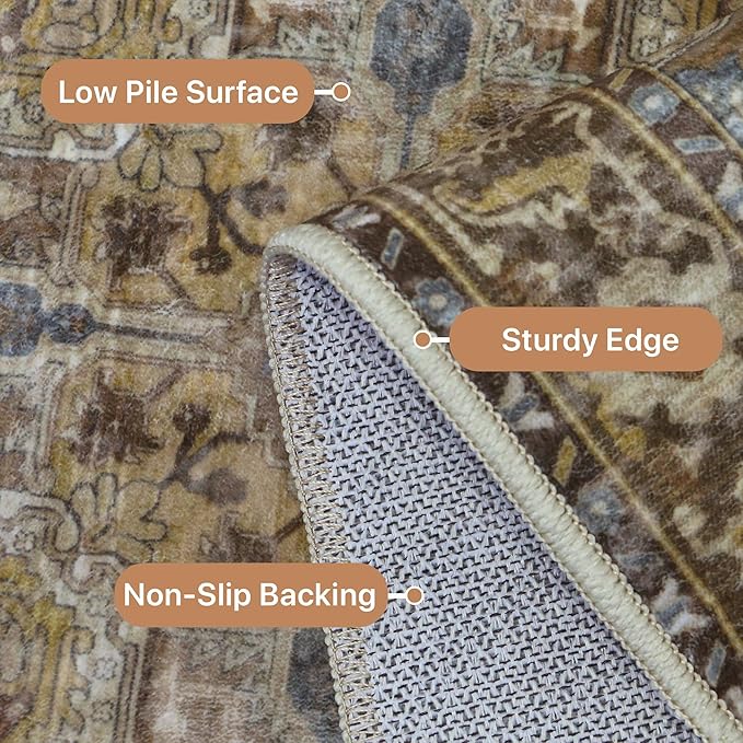 GENIMO 6x9 Area Rugs for Living Room, Machine Washable Non Slip Vintage Rugs, Low Pile Lightweight Chenille Print Rug for Bedroom, Dining Room, Home Office, Rustic Brown