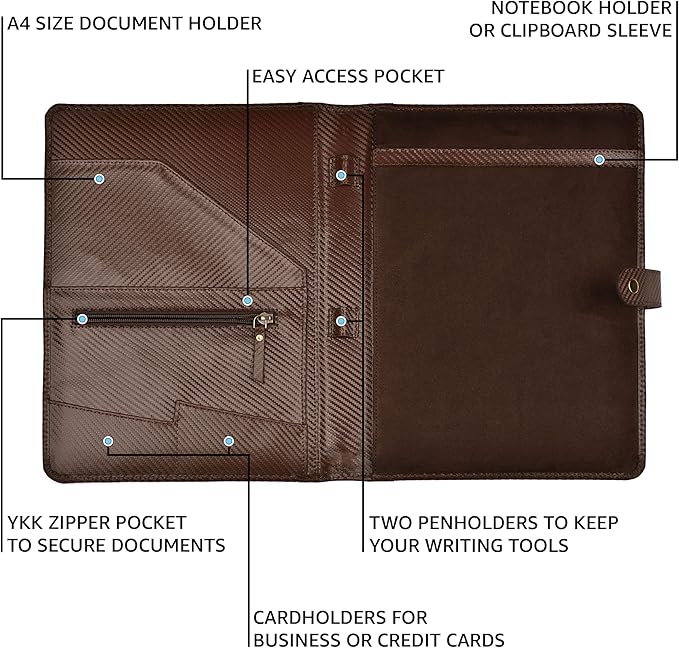 LEATHER VILLAGE Portfolio Professional Organizer– Carbon Fiber Genuine Leather Padfolio Resume Folder for A4 Letter Pad with Pen Holder, Business Card Slots & Writing Pad– Ideal for Men & Women-Brown