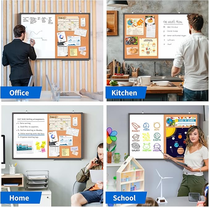 Magnetic White Board and Cork Board Combo, 24 X 18 inches Whiteboard Bulletin Combination Board, Wall Mounted Dry Erase Message Board for Home, School and Office, Black