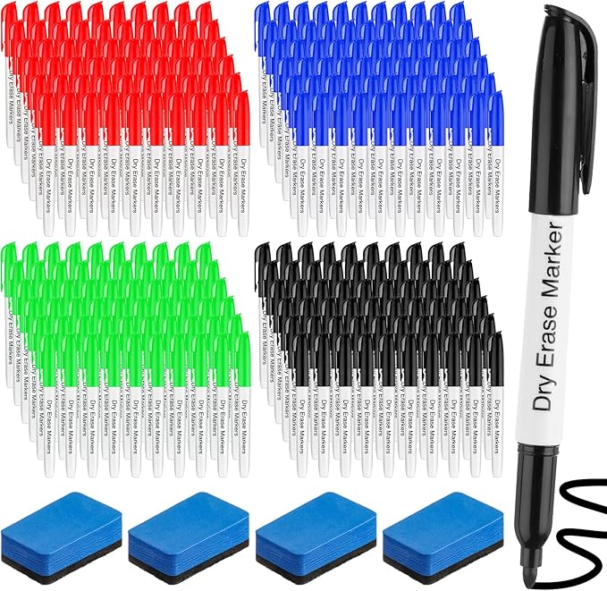 Thenshop 200 Pack Dry Erase Markers Bulk with 4 Magnetic Erasers Fine Tip Dry Erase Markers Whiteboard Pens Bulk for Office Supplies(Colorful)