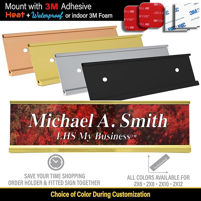 Custom Name Plate with Choice of Mounting for Walls, Doors, Desk Holders, Cubicles, Hanging and More - Personalized Celestial Blue Plastic Gold Letters - USA Made 2x8 - S1