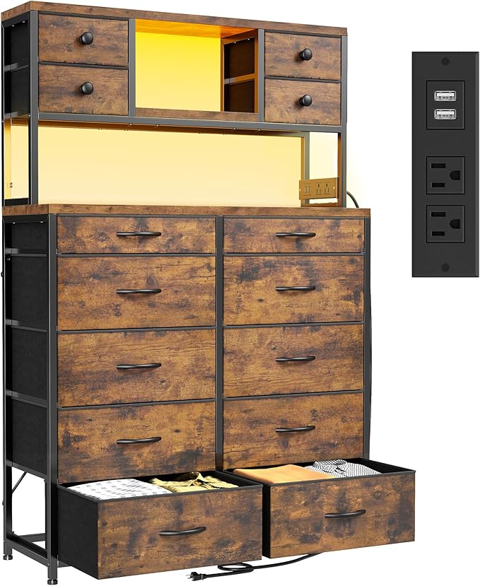 EnHomee 62.8" H Dresser for Bedroom with Multiple Drawers,Fabric Dresser with Charging Station and LED Lights,Dressers & Chests of Drawers for Bedroom, Steel Frame & Wooden Top,Rustic Brown