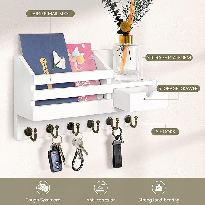 FifthQuarter Key Holder Wall Mount: Key and Mail Holder for Wall with 6 Hooks and Storage Drawer, Easy Installation Key Rack for Entryway Home Decor (A-White)