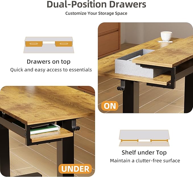 Claiks Electric Standing Desk with 2 Drawers, Adjustable Standing Desks with Storage, Height Adjustable Stand up Desk for Home Office with 2 Hooks,55 Inch Ruist Brown