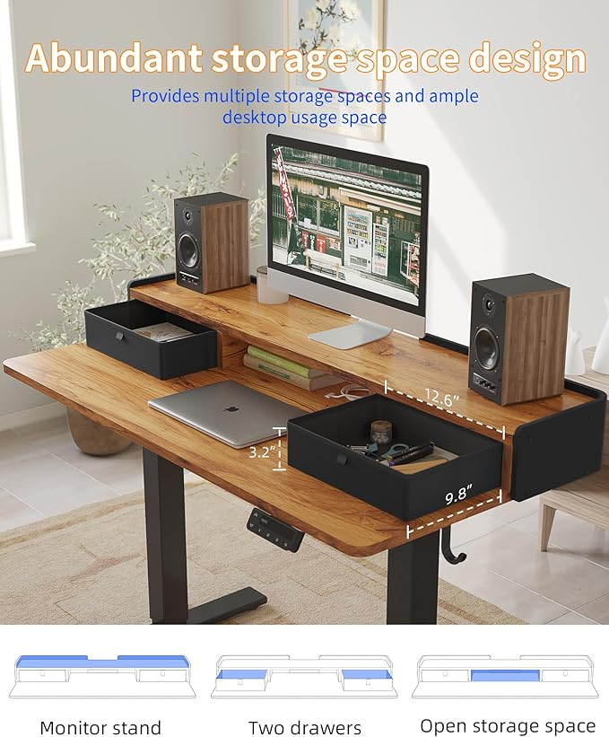 YIHAYO Electric Standing Desk with Drawers, 55 x 24 Inches Adjustable Desk with Storage Shelf, Stand Up Desk with Splice Board, Computer Table for Home Office, Black Frame/Rustic Brown Top
