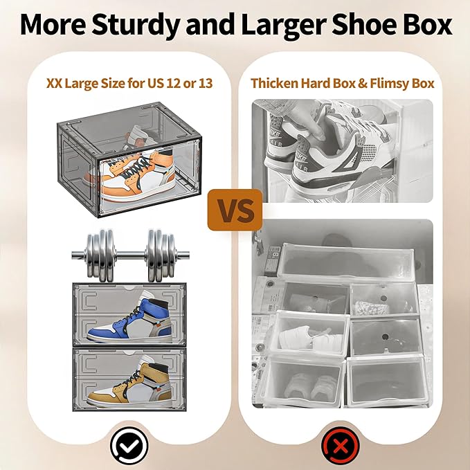 TOFWOF 6 Pack XX Large Shoe Organizer, Heavy-Duty Hard Thicken Plastic Clear Stackable Shoe Storage Box Organizer for Closet, Space-Saving Shoe Rack Display Case Bin Containers for Sneakers, Grey