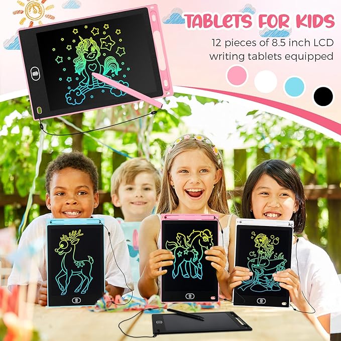 Tinlade 12 Pack LCD Writing Tablets for Kids, 8.5 Inch Erasable Doodle Boards Portable Electronic Drawing Pads, Learning Bulk Toys Gifts for School Prize (Pink, Light Blue, White, Black)