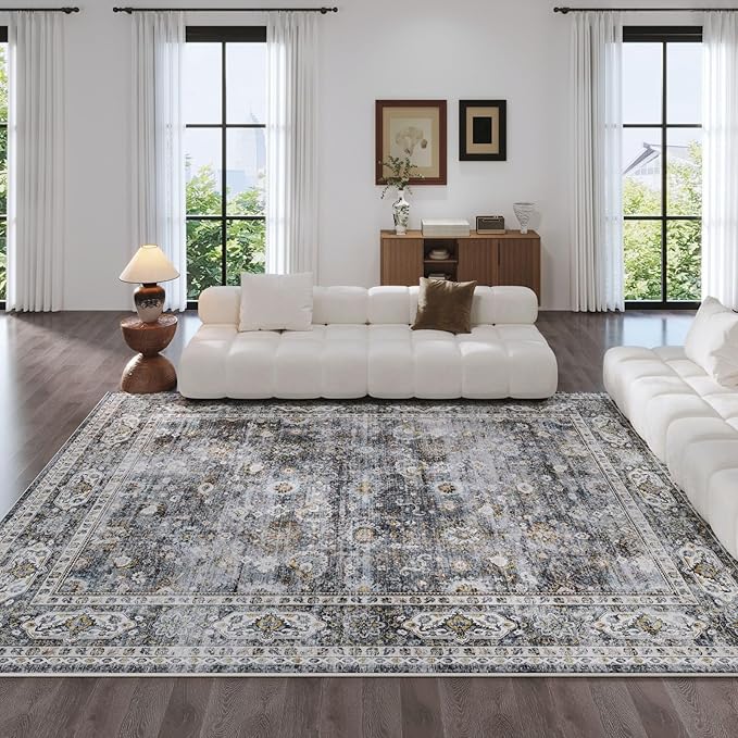 Rugcomf Living Room Rug 6x9 Rug Machine Washable Boho Soft Area Rug Non Slip Vintage Low Pile Large Rug for Living Room, Bedroom, Farmhouse, Dining Room, Kids Playroom(Grey)